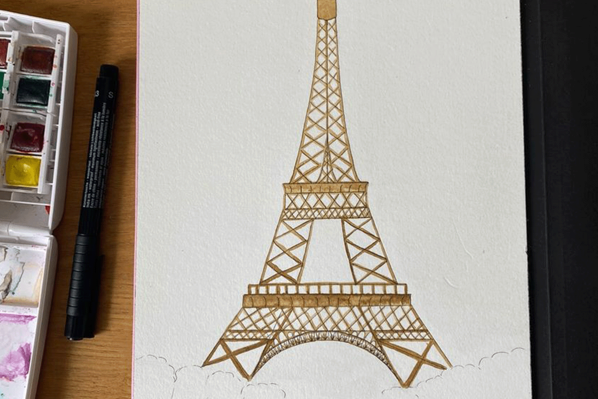 watercolor image on canvas of eiffel tower